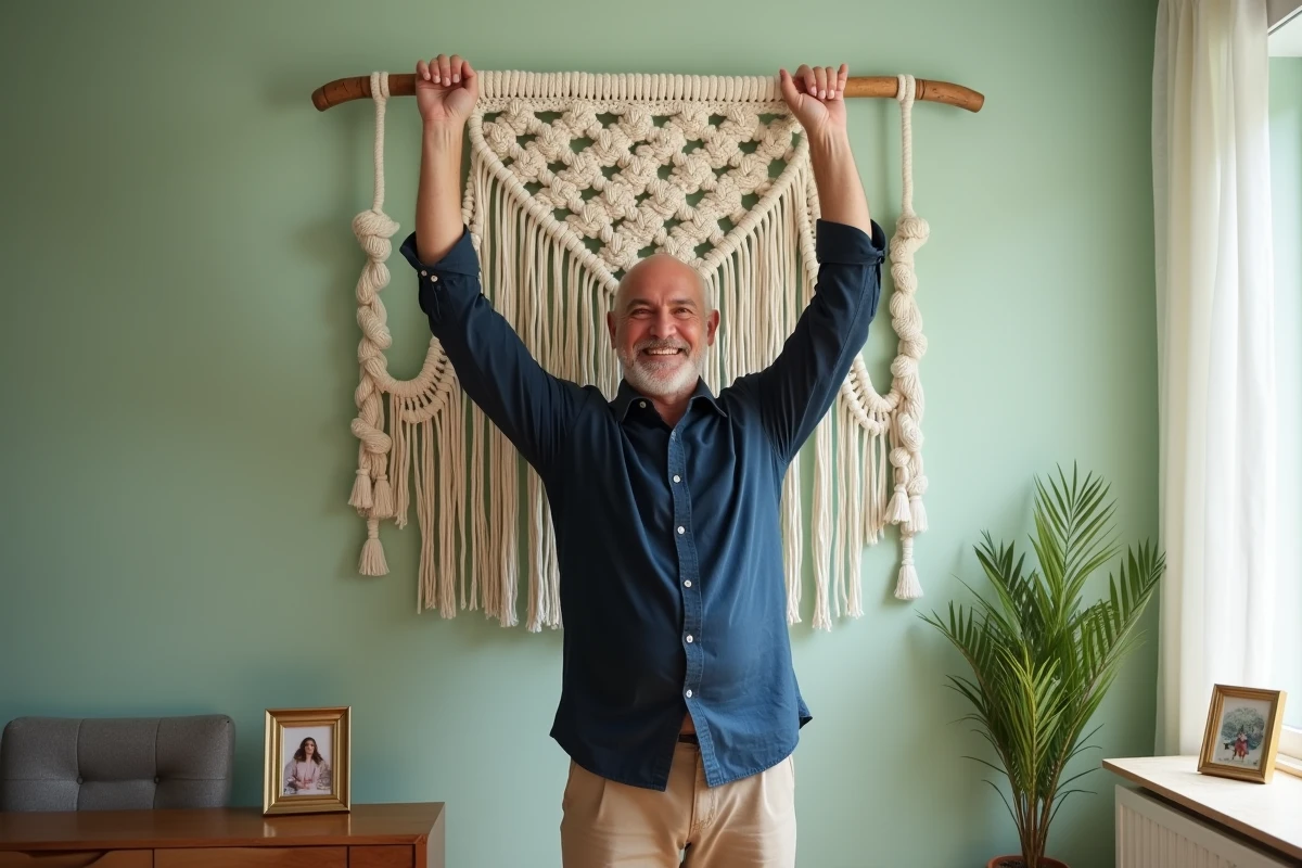 Homme suspendant une tapisserie en macramé dans la salle à manger