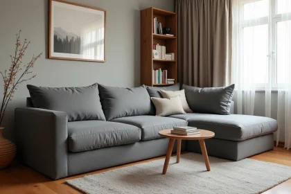 Canapé d'angle recouvert d'une housse universelle gris ardoise dans un salon moderne au parquet chêne