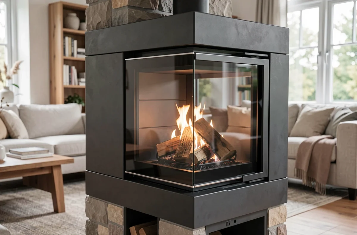 Insert à bois installé dans un salon avec foyer en pierre