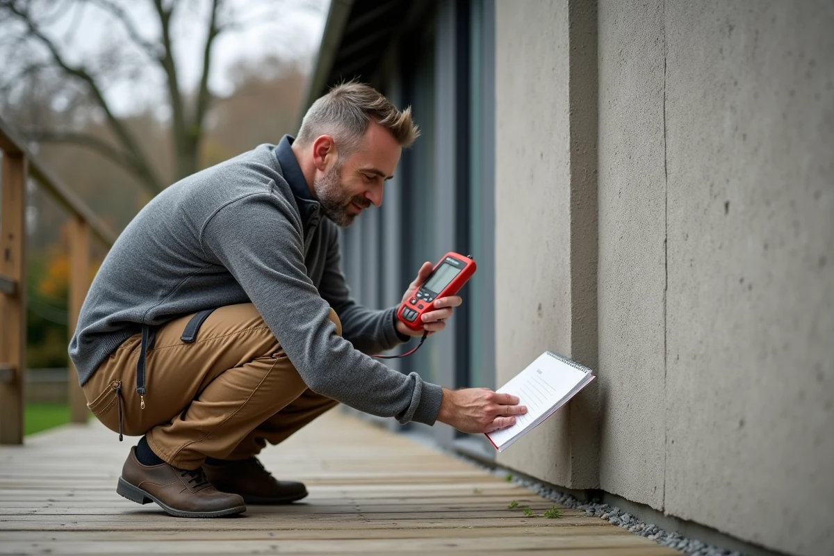 Professionnel inspectant un mur en chanvre et chaux d'une maison passive pour garantir un habitat sain