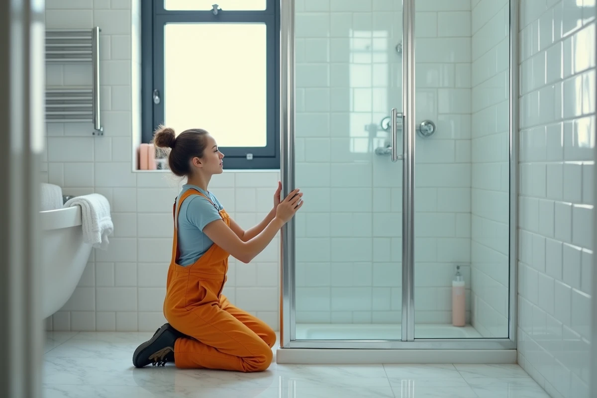 Femme pose une porte de douche dans salle de bain lumineuse