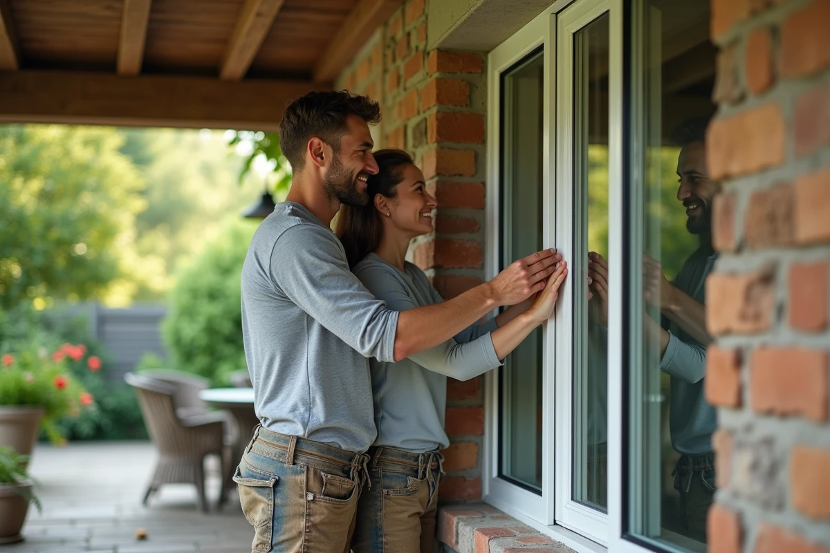 Jeune couple installant des fenêtres double vitrage en extérieur