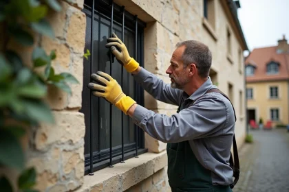 Artisan posant un grillage de protection sur mesure sur une fenêtre en pierre d'une maison française