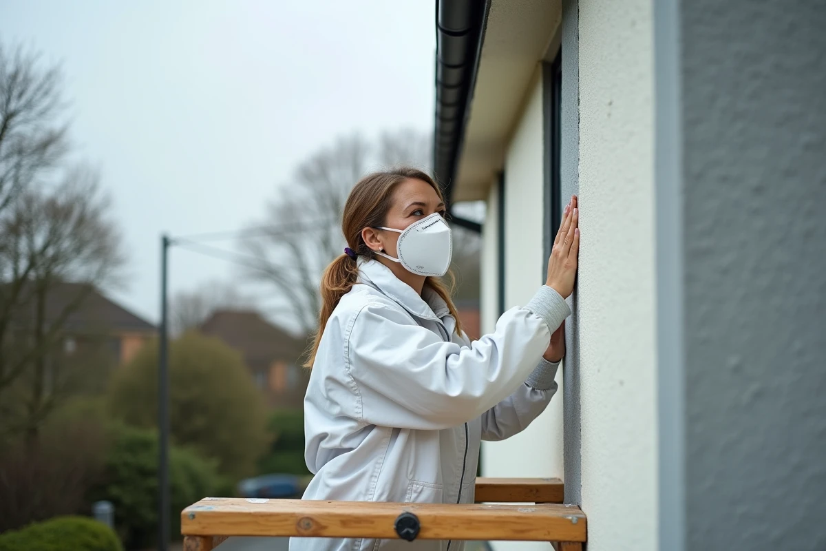Spécialiste en isolation posant des panneaux isolants sur la façade extérieure d'une maison individuelle