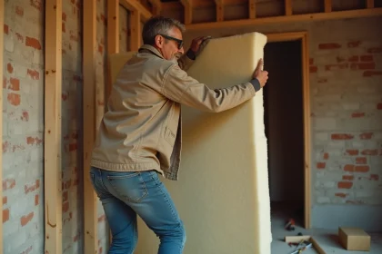 Artisan posant de la laine minérale pour une isolation intérieure dans une maison en rénovation