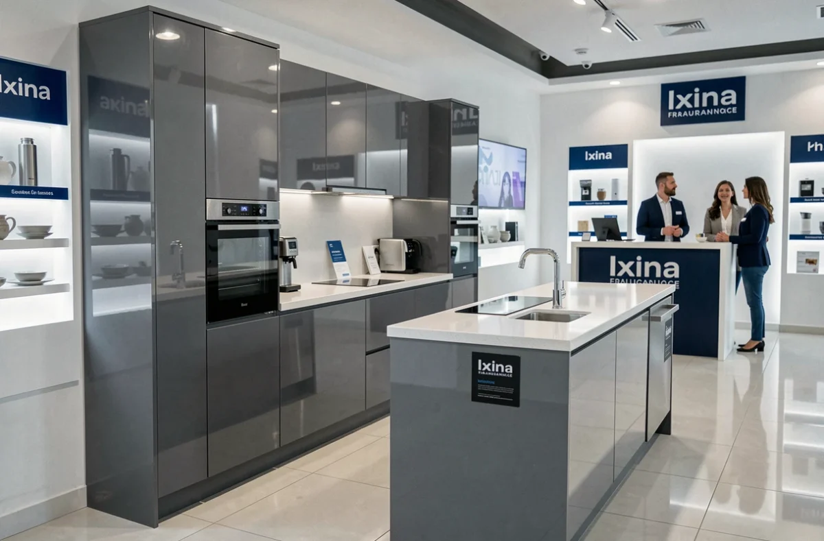 Showroom Ixina avec une cuisine anthracite moderne et un espace de conseil en arrière-plan