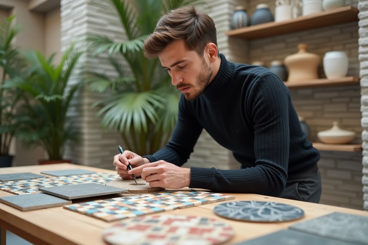 Jeune architecte examinant un échantillon de mosaïque colorée