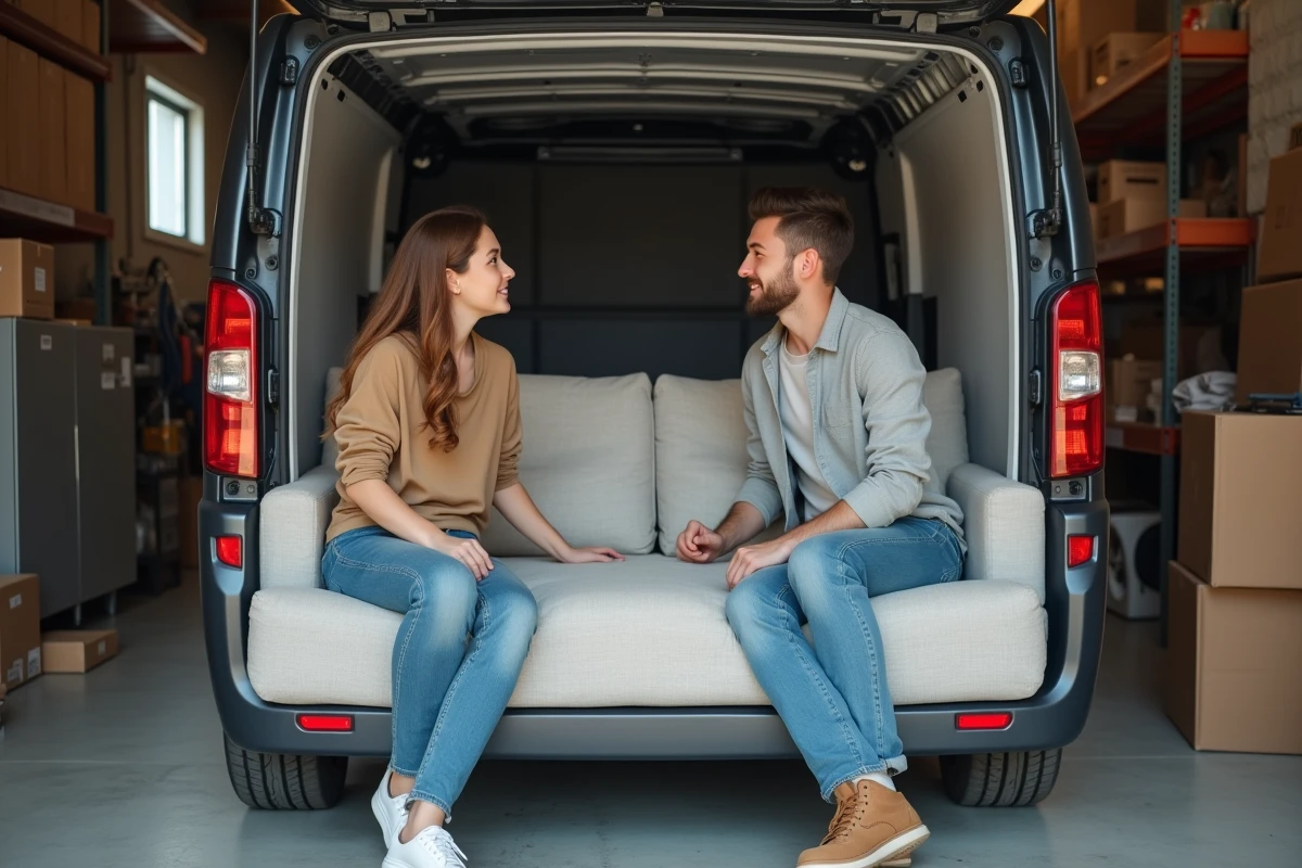 Jeune couple discute pour charger un canapé dans un garage