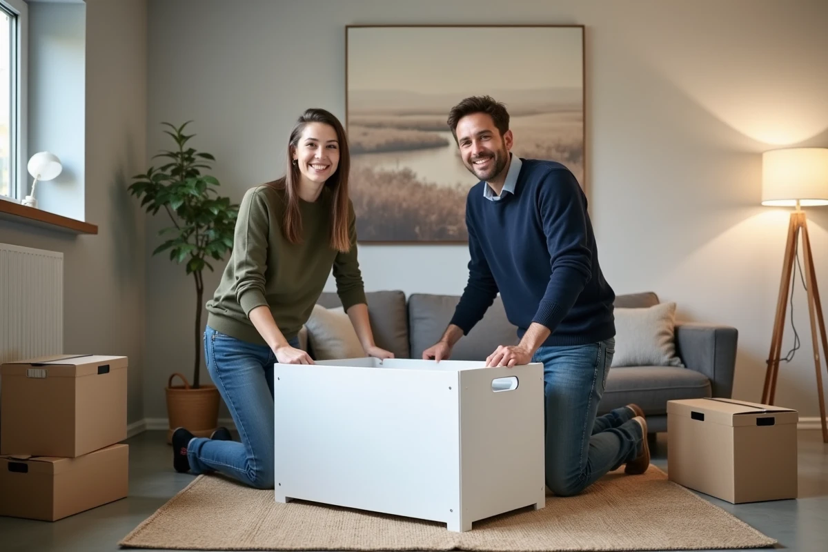Jeune couple assemblant un meuble de rangement dans le sous-sol