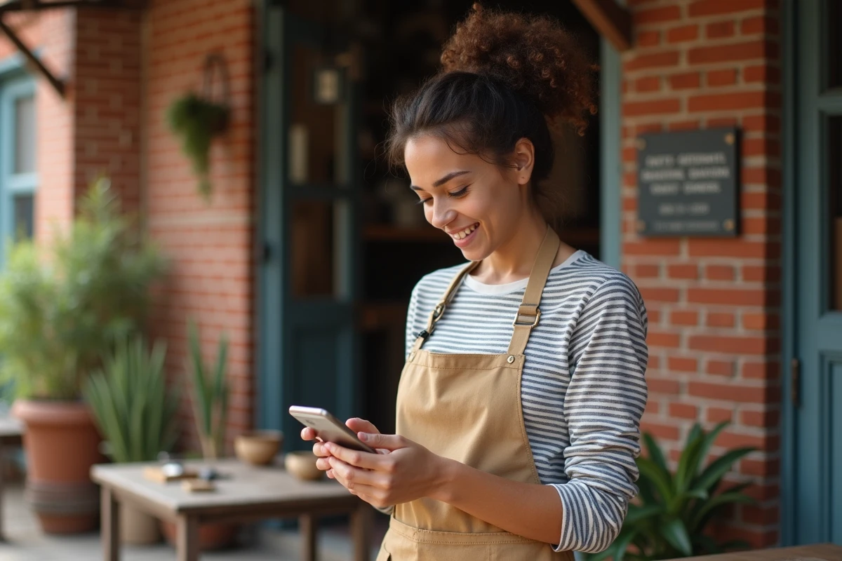 Jeune femme artisan vérifiant son smartphone devant son atelier
