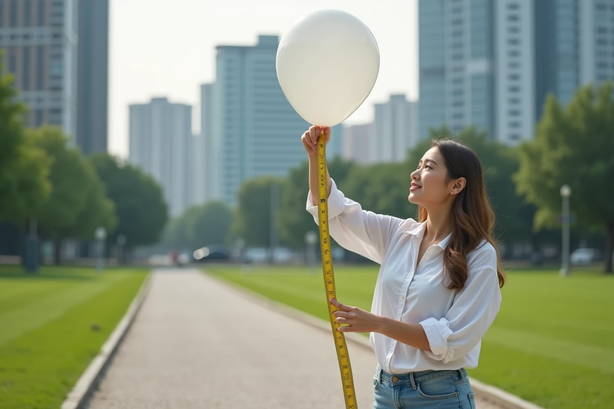 Jeune femme observant un ballon d helium dans un parc urbain
