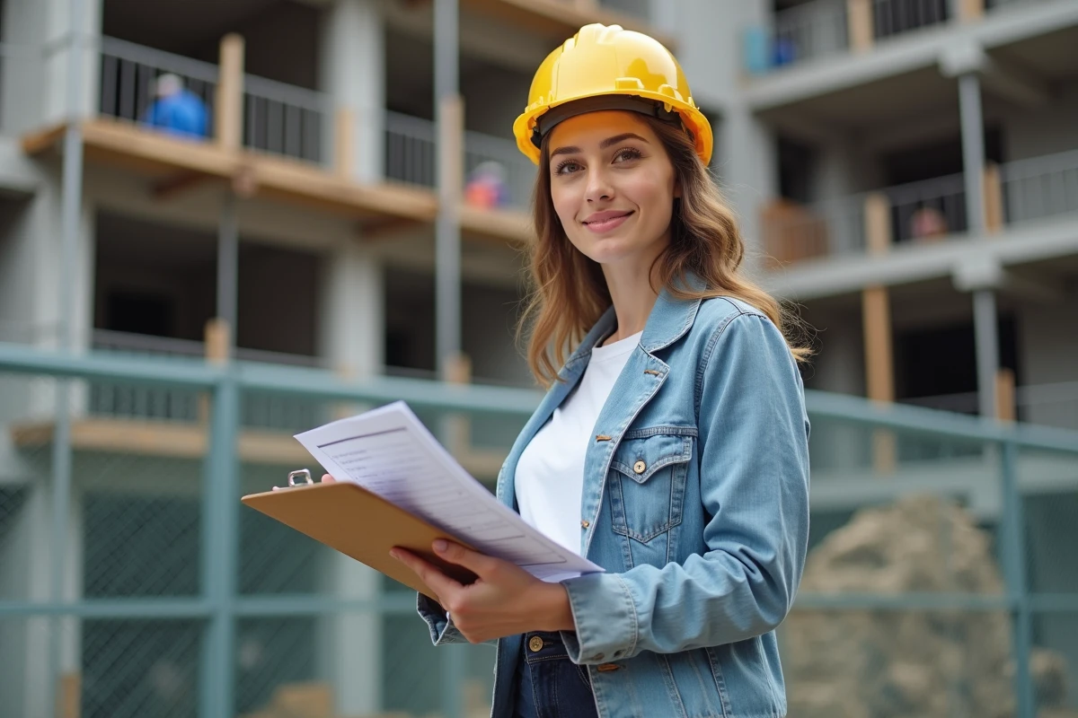 Jeune femme gestionnaire de projet sur site de renovation