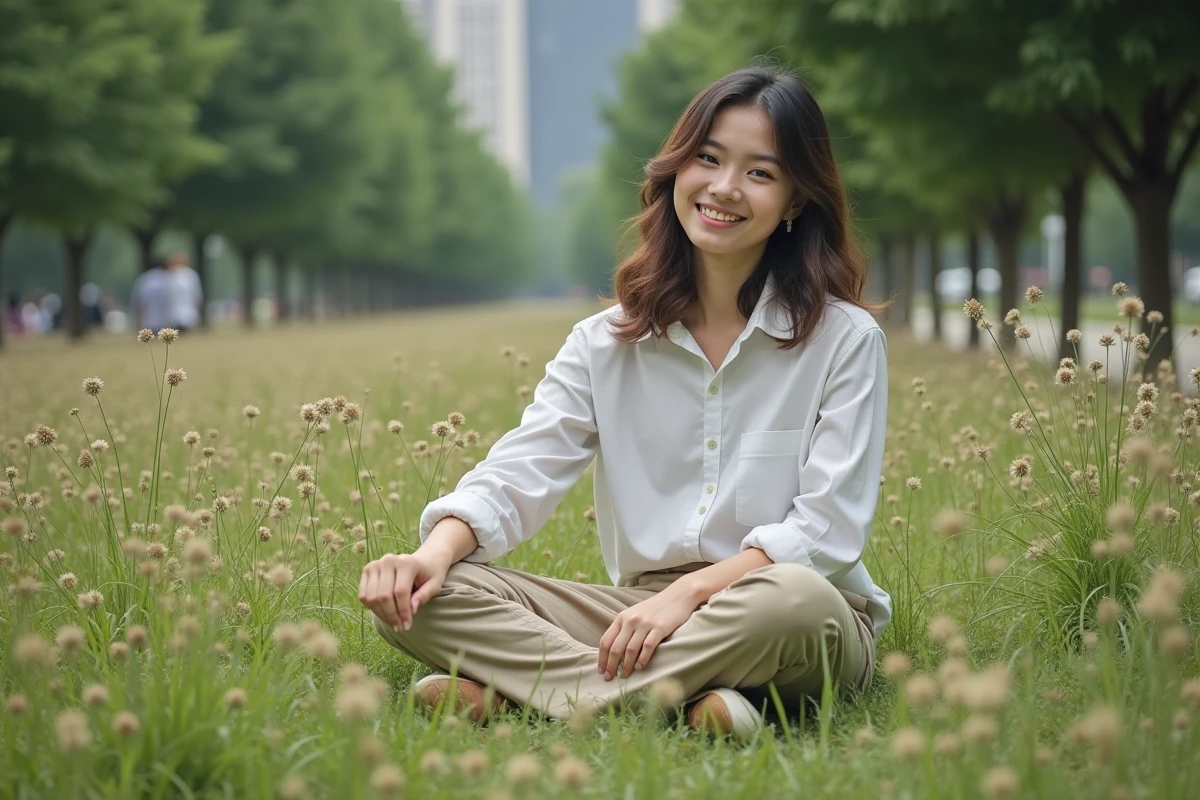 Jeune femme assise dans un parc observant l