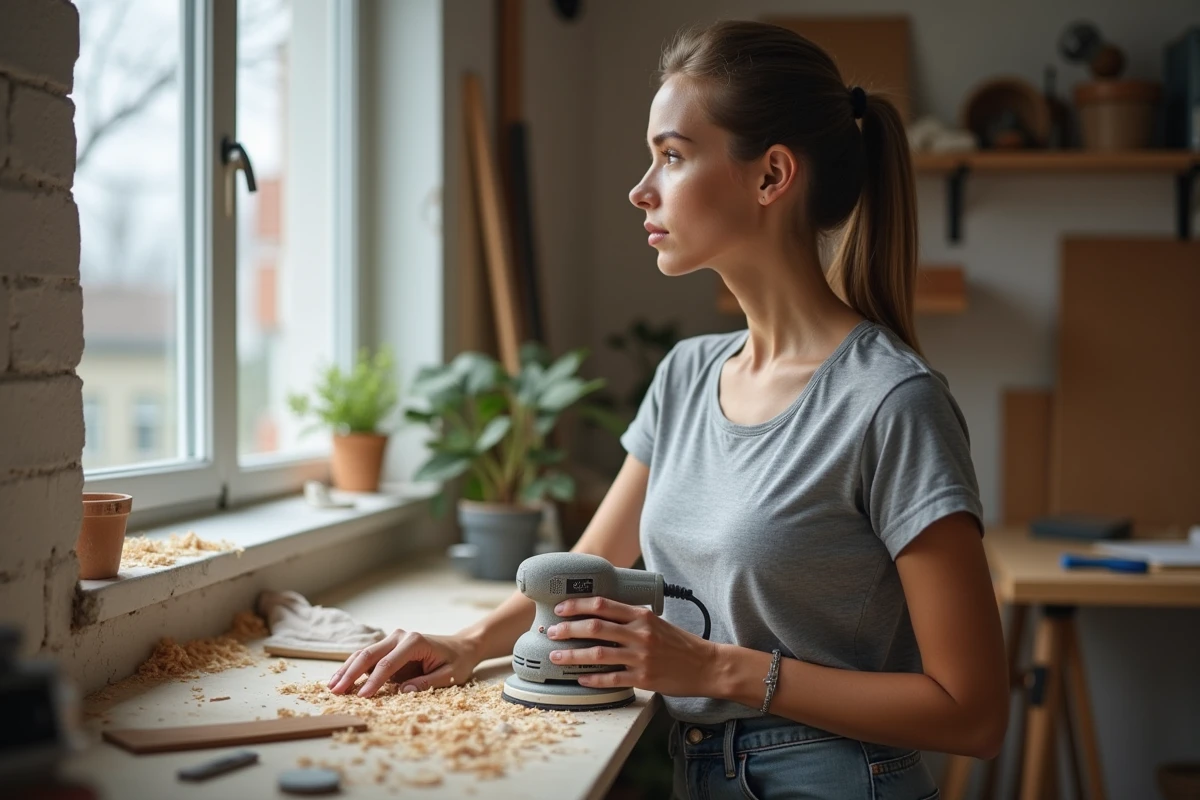 Jeune femme dans un atelier poncant du bois devant une fenetre ouverte