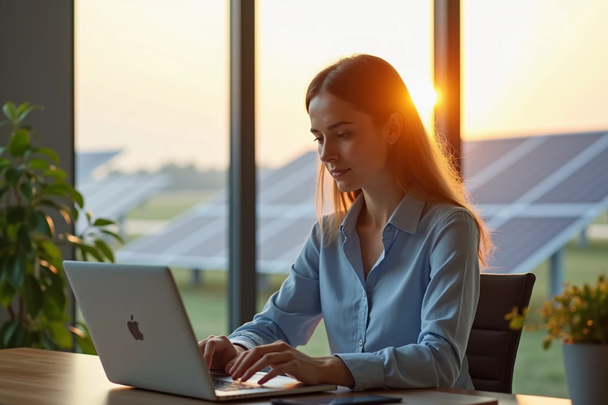 Jeune femme scientifique analysant des données solaires en intérieur