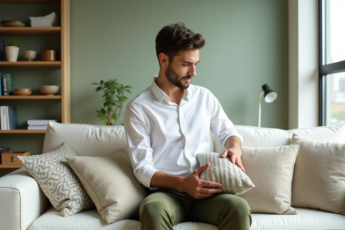 Jeune homme arrangeant des coussins sur un canapé blanc