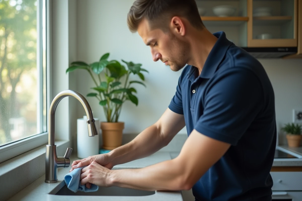 Jeune homme désincrustant un robinet de cuisine