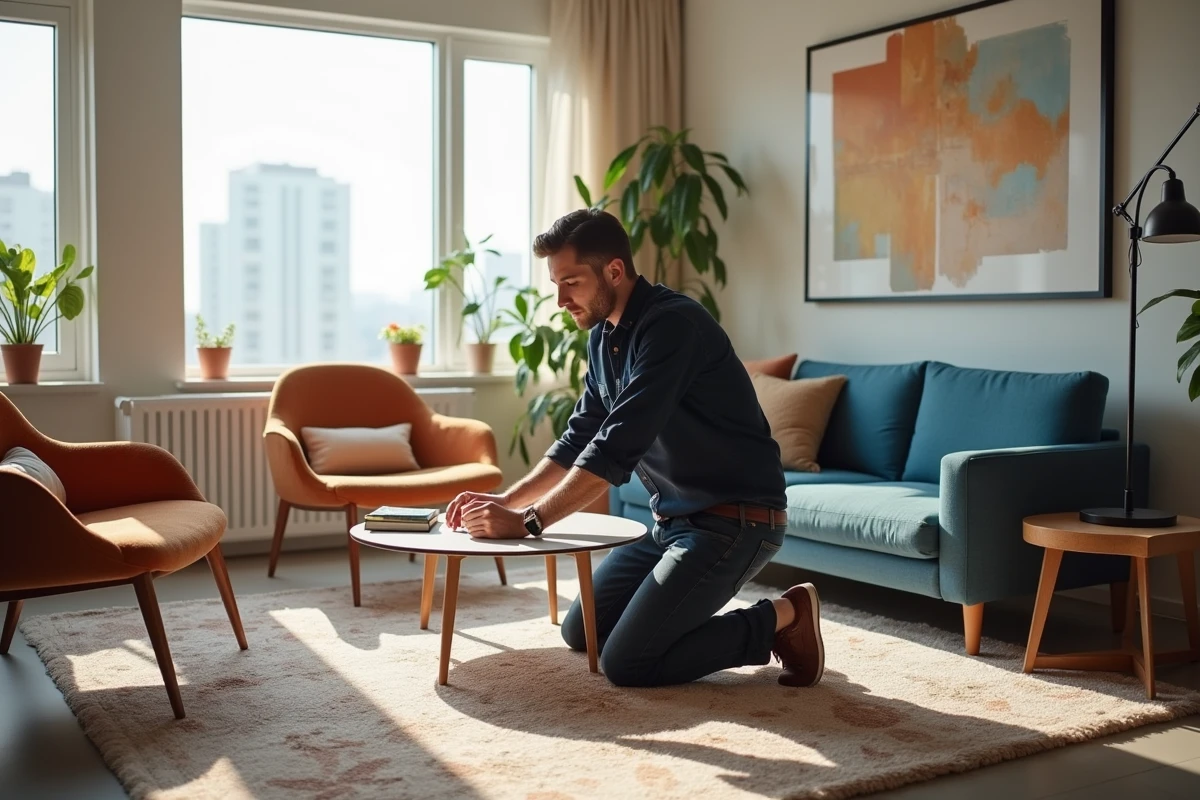 Jeune homme installant une lampe sur pied dans un salon lumineux