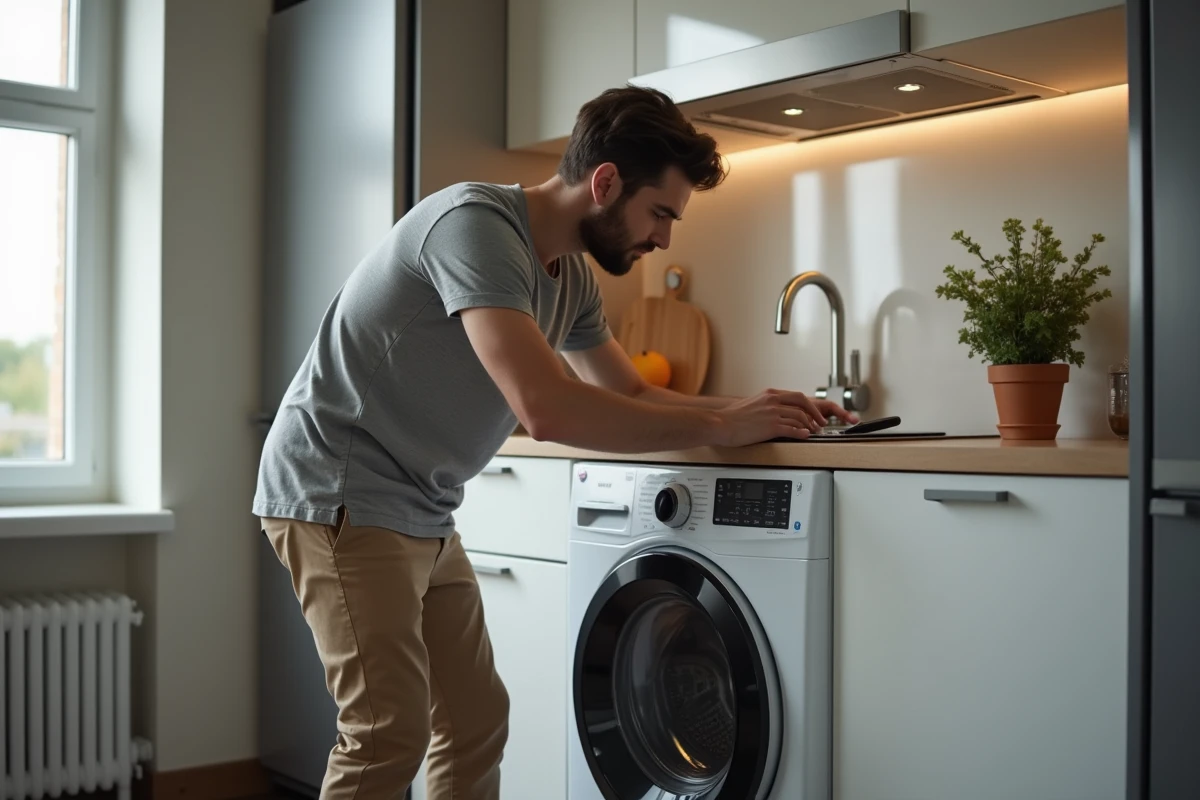 Jeune homme choisissant un cycle de lave-linge dans une cuisine moderne
