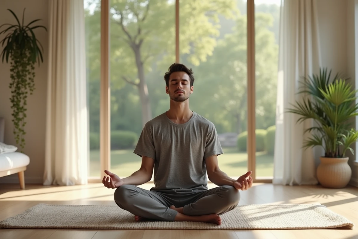Jeune homme méditant dans une chambre minimaliste