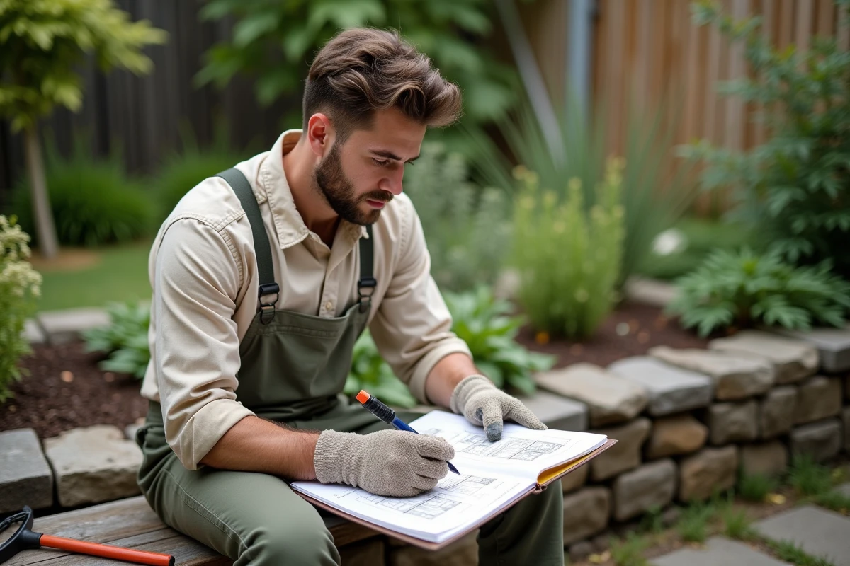 Jeune homme dessinant un plan de jardin dans un extérieur