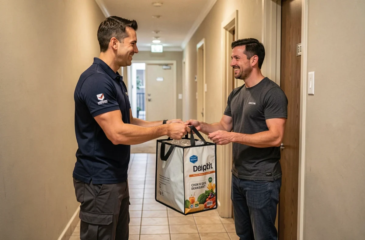 Livreur Carrefour remettant un sac isotherme de courses fraîches à un client devant sa porte d'appartement