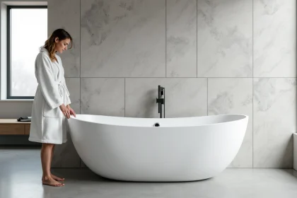 Femme mesurant la longueur d'une baignoire standard autoportante dans une salle de bain moderne en pierre grise