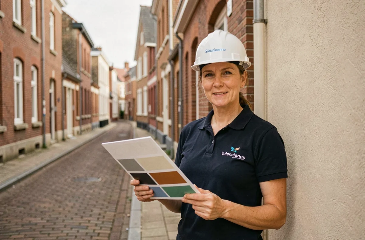 Conseillère de la Maison des Travaux Valenciennes devant une façade rénovée dans le Valenciennois, présentant des échantillons de teintes