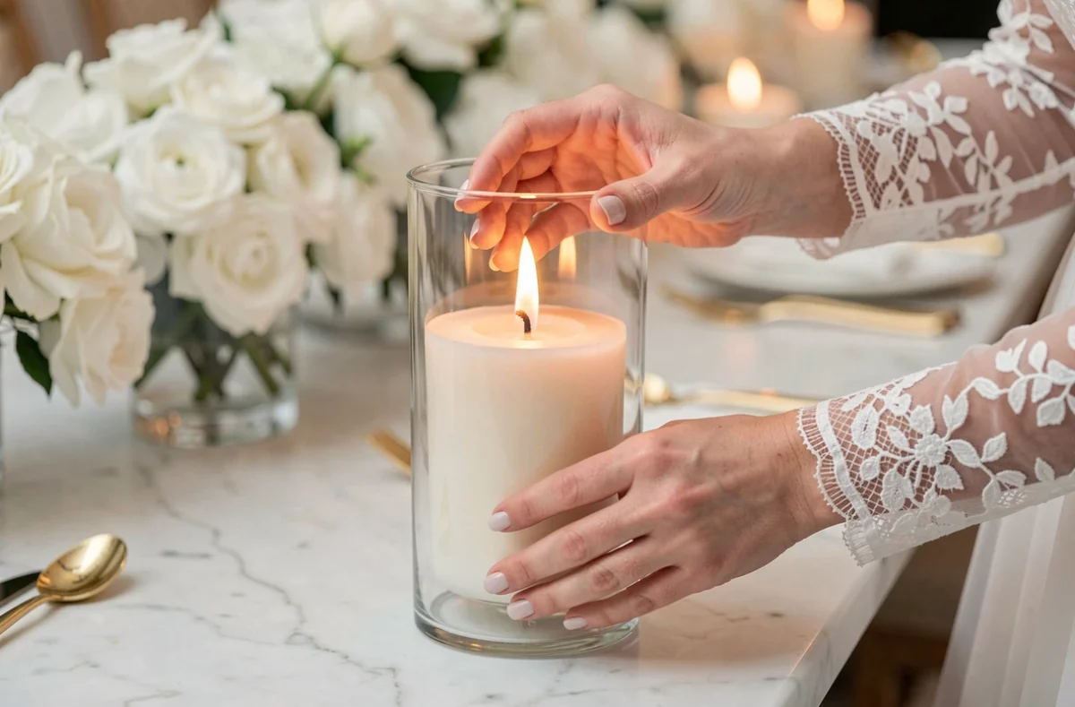 Mariée posant une bougie fausse flamme dans un vase en verre sur table de réception mariage élégante