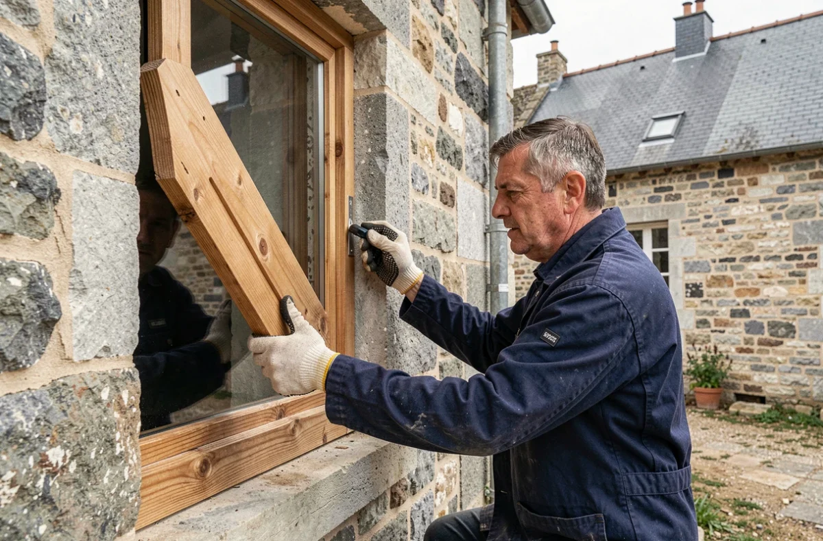 Menuisier de Menuiserie Lemoine Cambrai posant une fenêtre sur une façade en pierre rénovée dans le Cambrésis