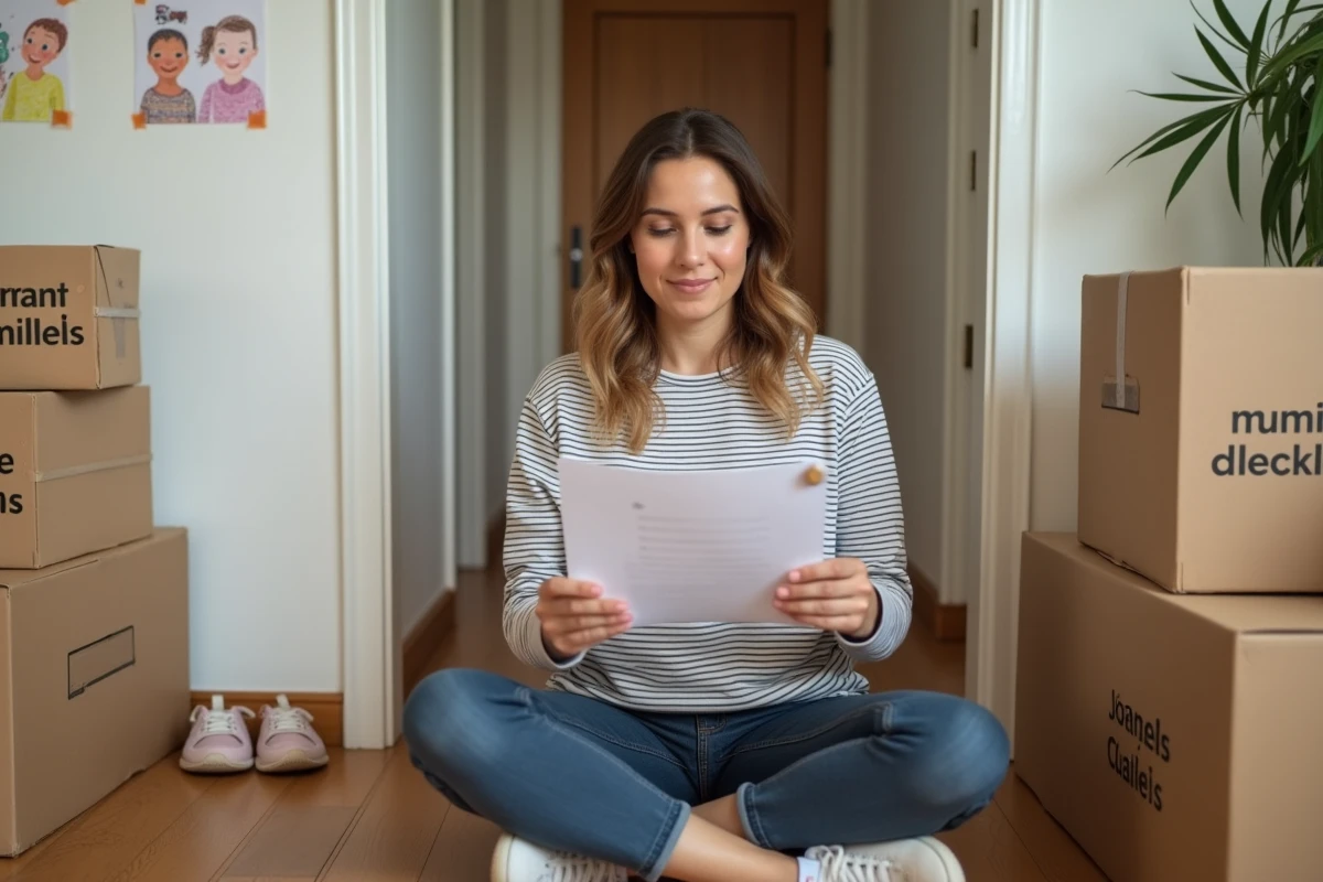 Mère de famille consultant une checklist de déménagement assise sur le sol d'un couloir avec des cartons étiquetés