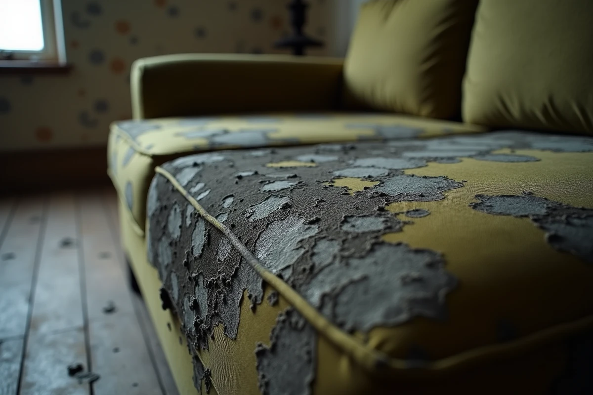 Gros plan sur des taches de moisissure noires et grises sur un tissu de canapé endommagé par un dégât des eaux