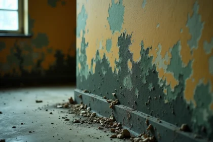 Taches de moisissures noires et vertes sur un mur humide avec papier peint décollé dans une maison à vendre