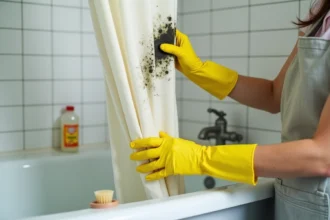 Femme nettoyant des taches de moisissure sur un rideau en lin dans une salle de bain avec des gants en caoutchouc et du vinaigre blanc