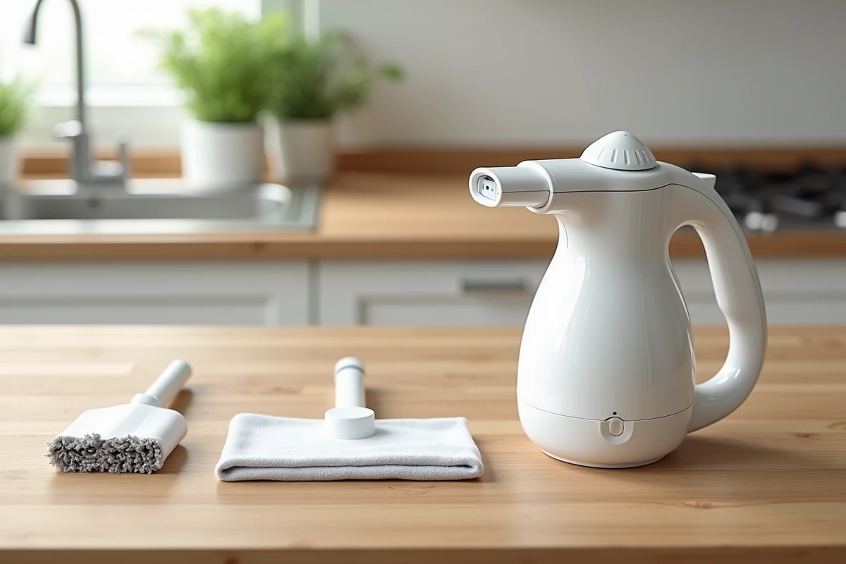 Nettoyeur vapeur Lidl posé sur un plan de travail avec ses accessoires brosse et serpillière microfibre