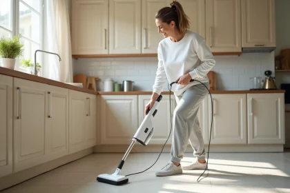 Femme utilisant un nettoyeur vapeur Lidl sur le carrelage de cuisine pour un nettoyage sans produit chimique
