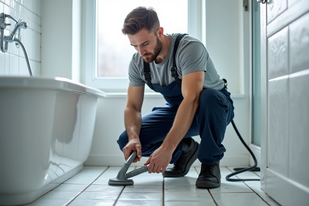Homme nettoyant les joints de baignoire avec un nettoyeur vapeur Lidl dans une salle de bain moderne