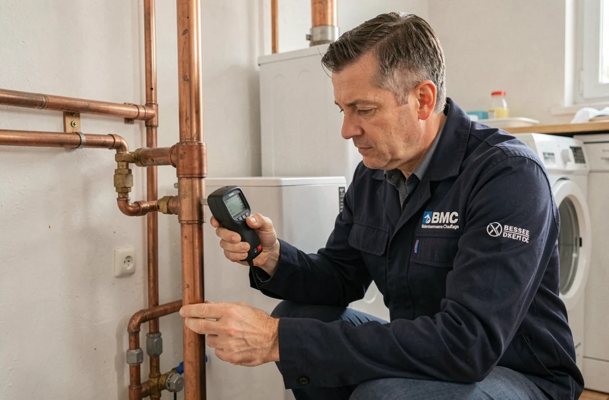 Technicien Nicolas Besse de BMC Besse Maintenance Chauffage vérifiant un système hybride chaudière-pompe à chaleur dans une maison normande