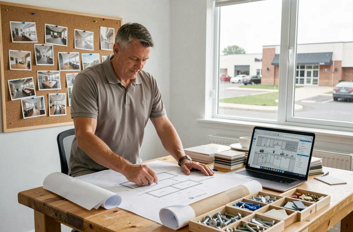 Conseiller de l'Office de Rénovation étudiant des plans de cuisine dans son bureau professionnel