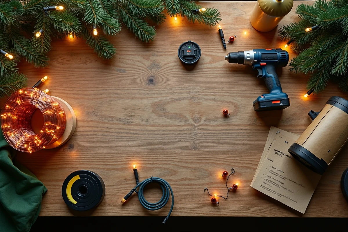 Vue en plongée des outils et matériaux nécessaires pour installer une illumination de Noël style vitrine de magasin