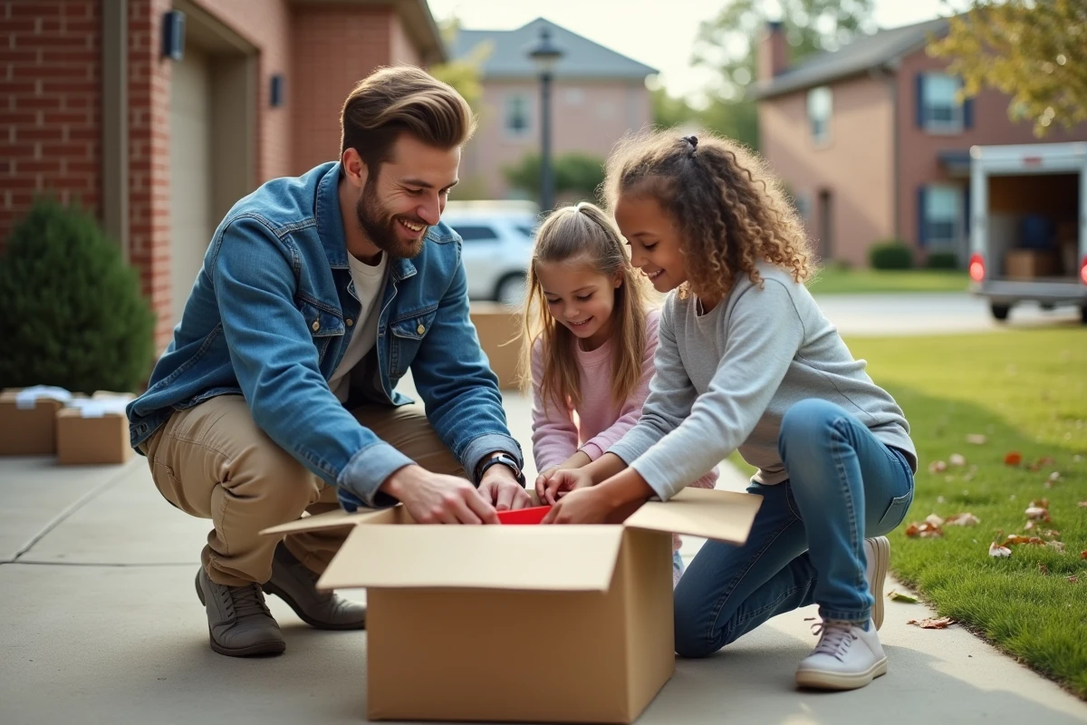 Père et enfants scellant une boîte de déménagement dehors
