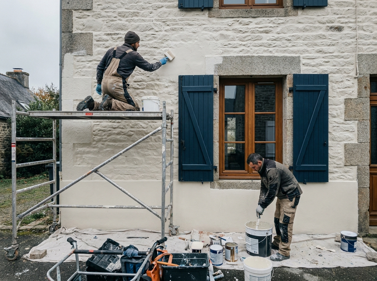 Deux peintres artisans rénovant la façade en pierre d'une maison traditionnelle à Rennes sous un ciel breton nuageux