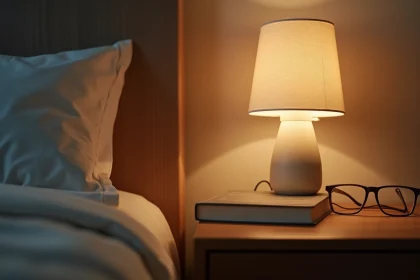 Petite ampoule E14 dans une lampe de chevet compacte posée sur une table de nuit en bois avec livre et lunettes de lecture