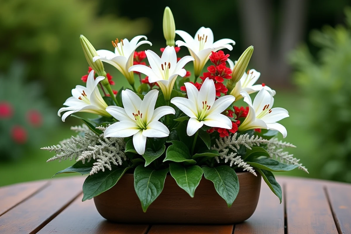 Détail d’un arrangement floral avec lys et sauge rouge