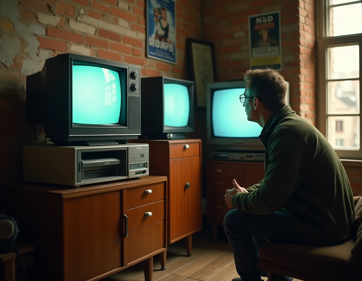 Plateau de tournage avec téléviseurs vintage de différentes époques dans un appartement urbain pour location de décors cinématographiques