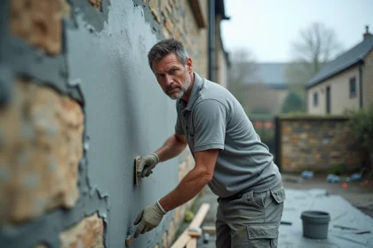 Plâtrier appliquant un enduit sur un mur extérieur en pierre par temps humide et brumeux