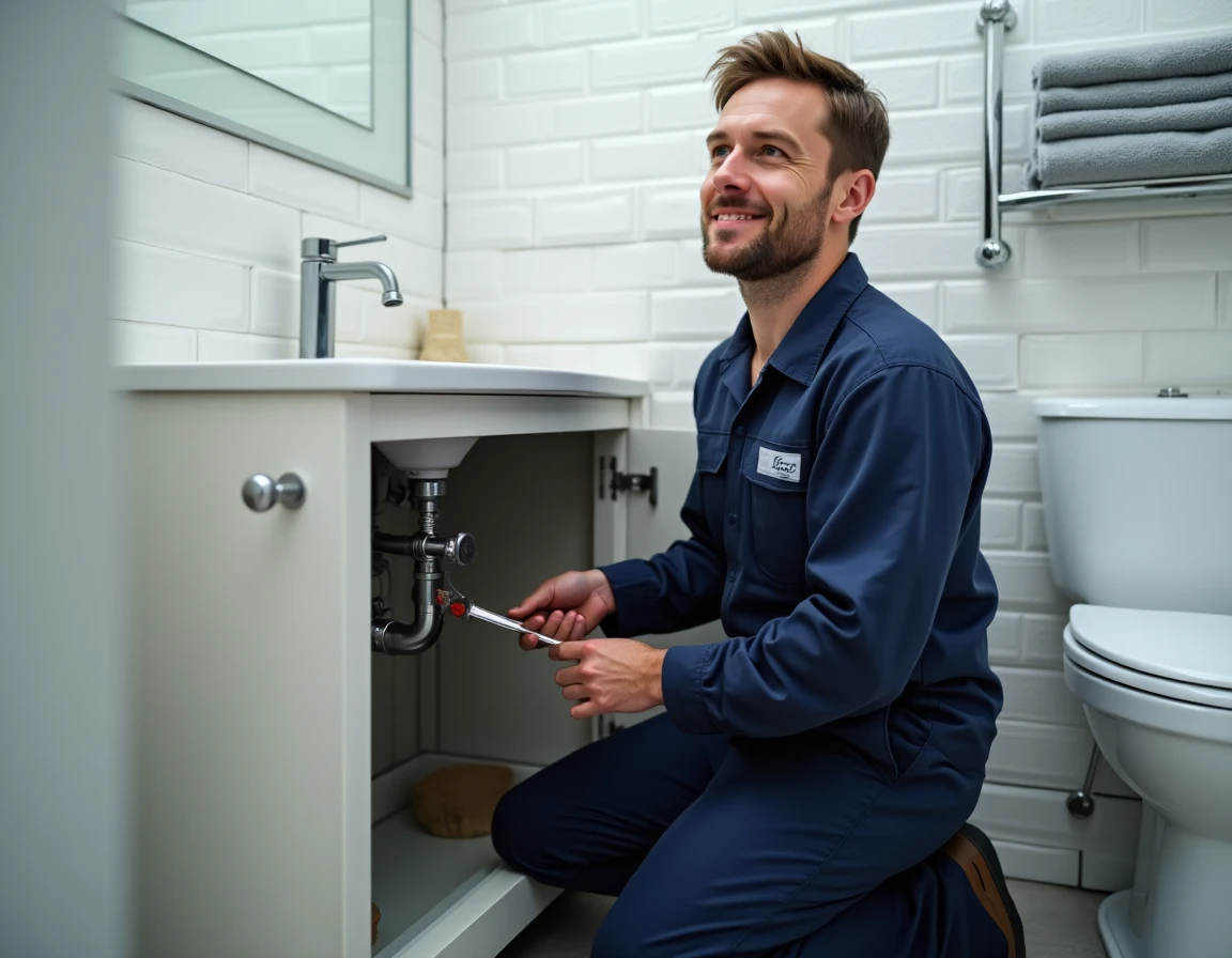 Un plombier professionnel en uniforme intervient sous un évier de salle de bain lors d'une petite réparation à domicile trouvée via une plateforme en ligne