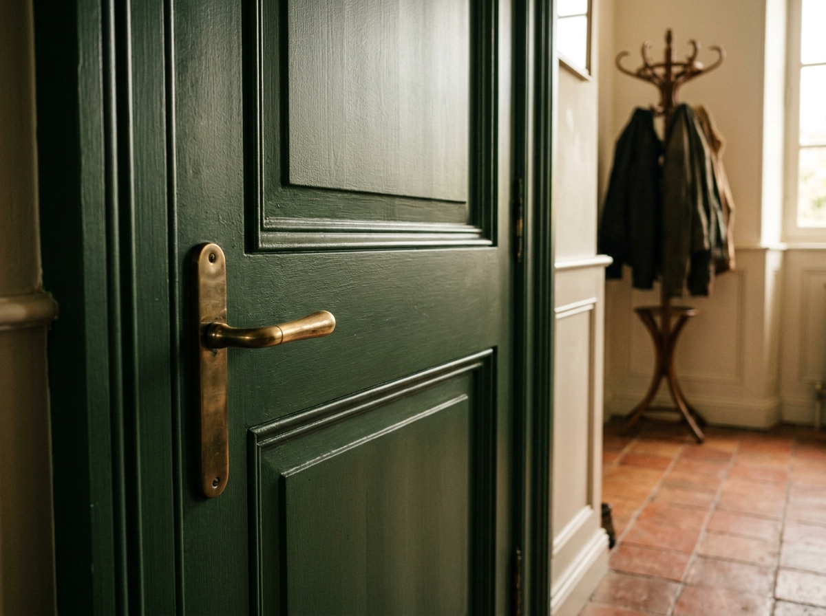 Porte battante pleine en bois peint vert forêt avec quincaillerie laiton dans un couloir traditionnel au sol en tomettes