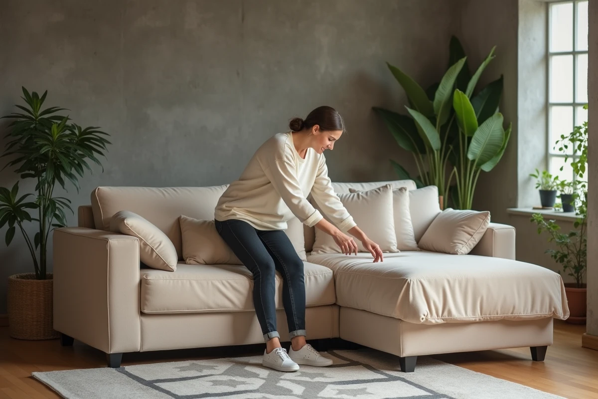 Femme installant une housse de canapé d'angle de marque sur un grand sofa beige dans un salon cosy