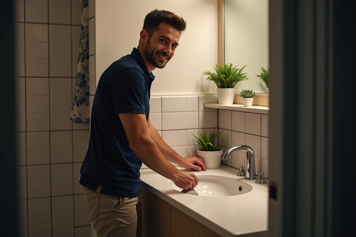 Jeune homme posant un film sur le plan de travail de la salle de bain